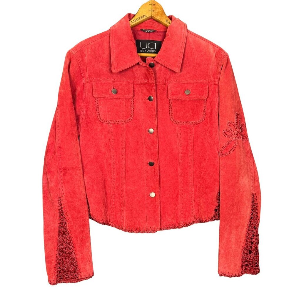Vintage Y2K Faux Suede Leather Jacket, Western Boho Cowgirl, Crochet Embroidery